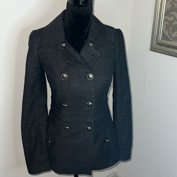 Juicy Couture gray double breasted gold crest buttons blazer suit jacket Sz P - Picture 1 of 8